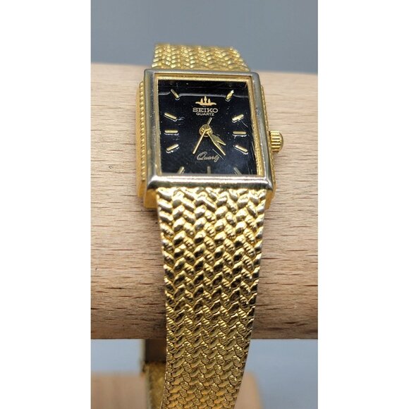 Seiko Galaxy Ladies Tank Watch VTG 1992 Gold Plated Black Dial 20mm 6" Mesh Band - Picture 5 of 16